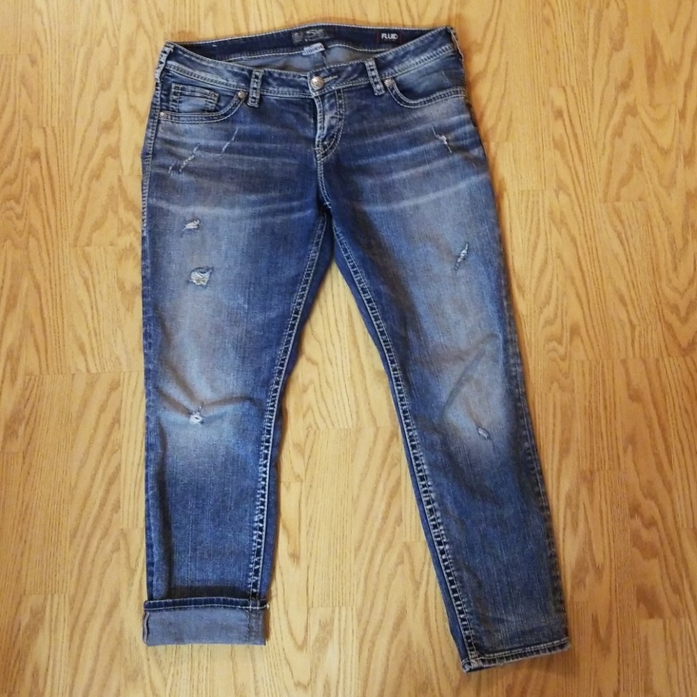 Womens Silver Fluid Denim Crop Jean's